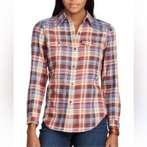 Chaps Plaid Button-Up Shirt Embroidered Yoke western rodeo boho size medium